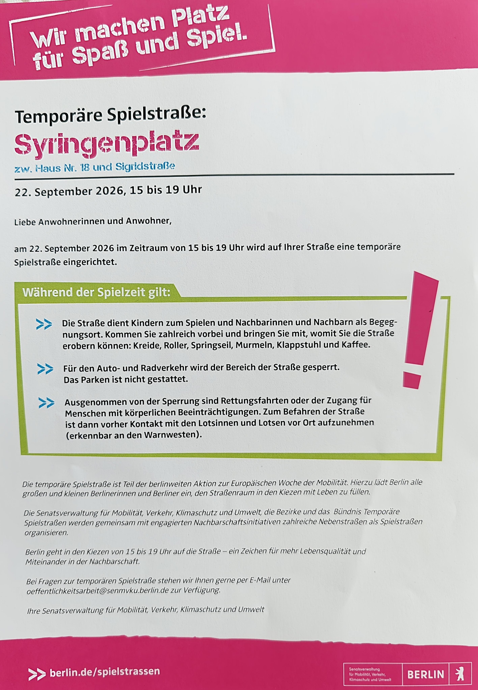 Informationen und Hinweise zur temporären Spielstraße am Syringenplatz